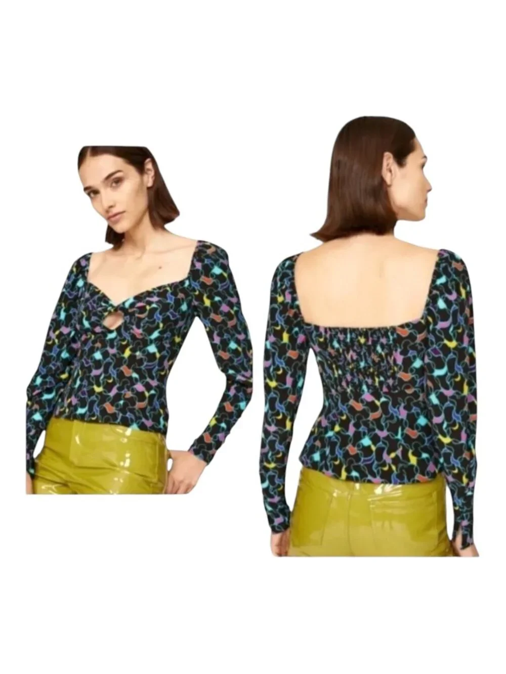 Staud Josephine Top Women 4 Black Abstract Print Long Sleeve Sweetheart Neck